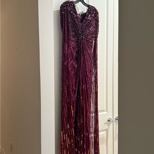 Jenny Packham Burgundy Beaded Evening Gown